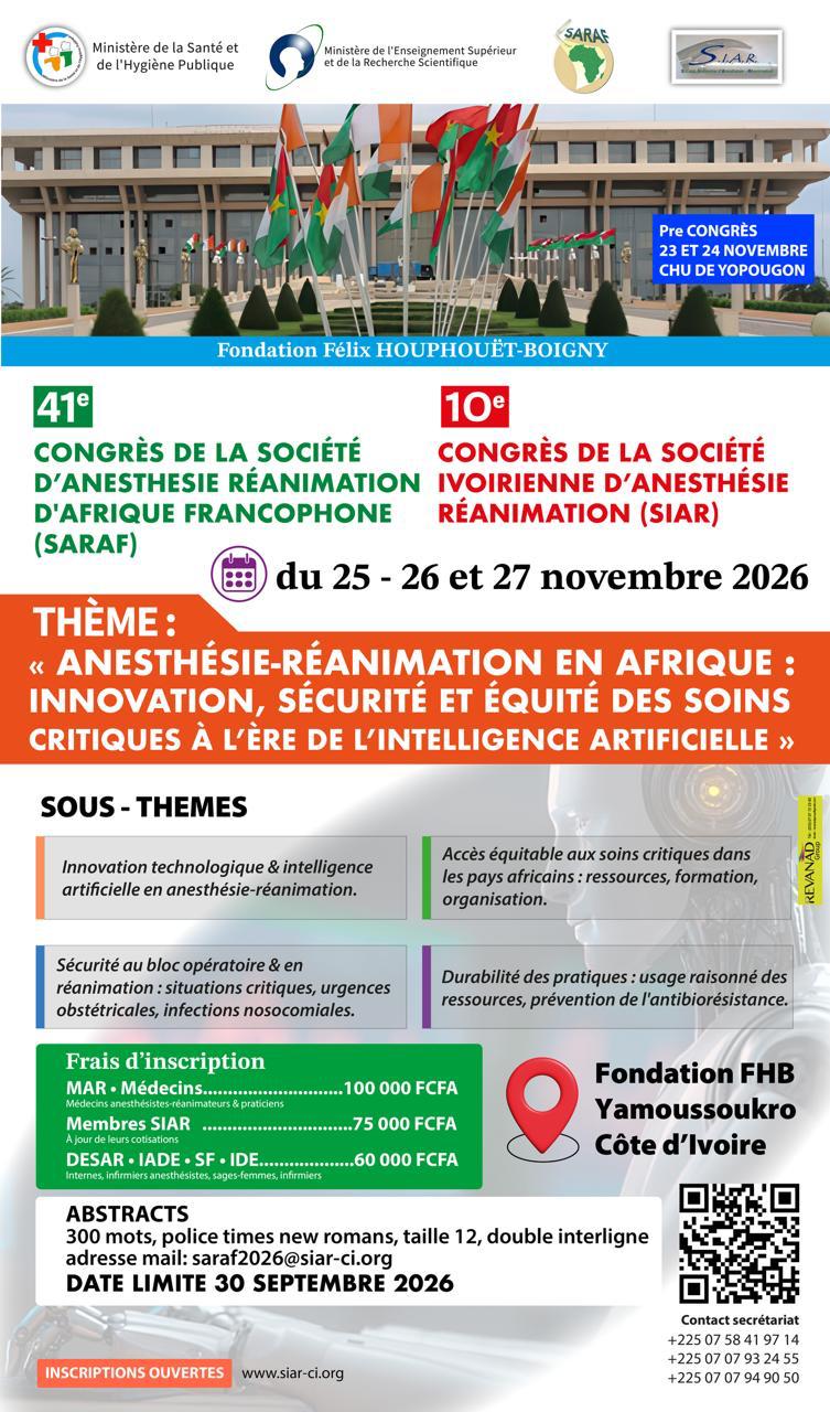Affiche du 41e congrès de la SARAF et du 10e congrès de la SIAR, 25 au 27 novembre 2026 à Yamoussoukro